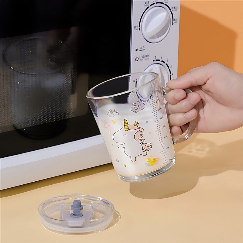 儿童牛奶杯带刻度玻璃水杯家用杯带盖带吸管耐高温可爱宝宝喝水杯
