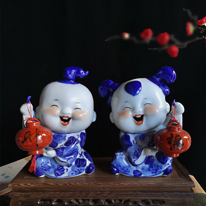 陶瓷摆件中式创意摆设结婚送礼雕塑可爱手绘青花陶瓷娃娃家居装饰