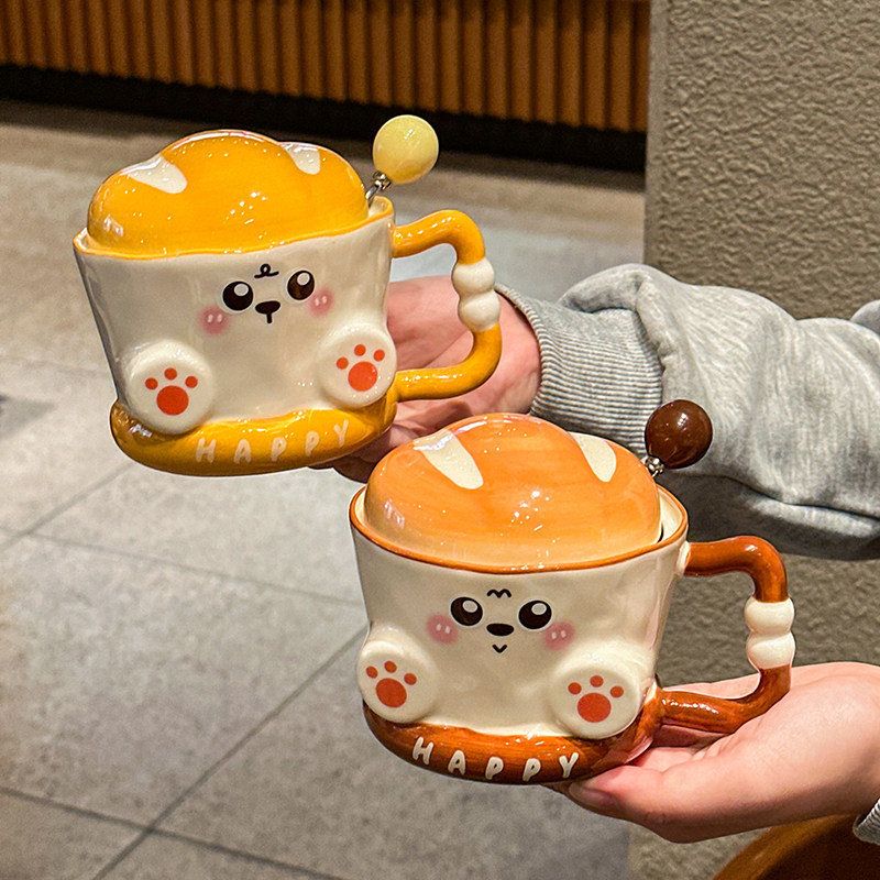 高颜值可爱陶瓷杯可颂马克杯带盖办公室喝水杯情侣咖啡杯生日礼物