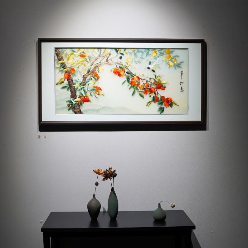 事事如意柿子图纯手工苏绣餐厅书房客厅挂画大气精致刺绣作品精品