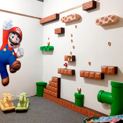 商场幼儿园打卡美陈布置超级玛利欧玛利欧电竞主题背景墙拍照区装