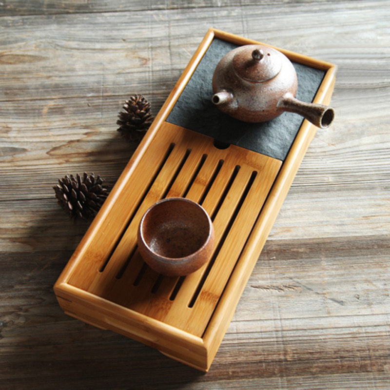 陶立方 嵌入式乌金石茶盘 迷你竹制茶托 长方形平板茶托盘