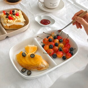 肆月 分格餐盘 陶瓷两格分食分菜餐具盘子大人儿童菜盘分隔早餐盘