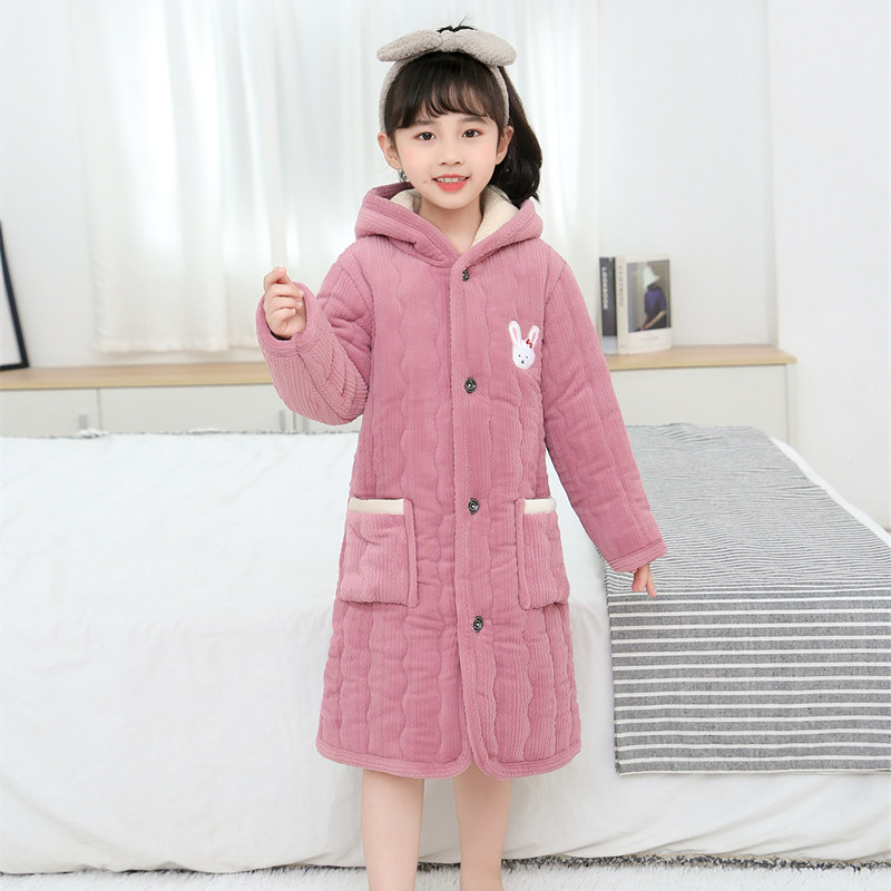 儿童睡袍冬季加厚夹棉女童男童法兰绒可爱保暖宝宝大童浴袍家居袍