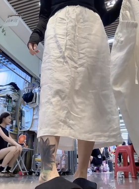 白色休闲半身A字裙中长款开叉裙新款秋季常规梨形高腰显瘦麻裙子