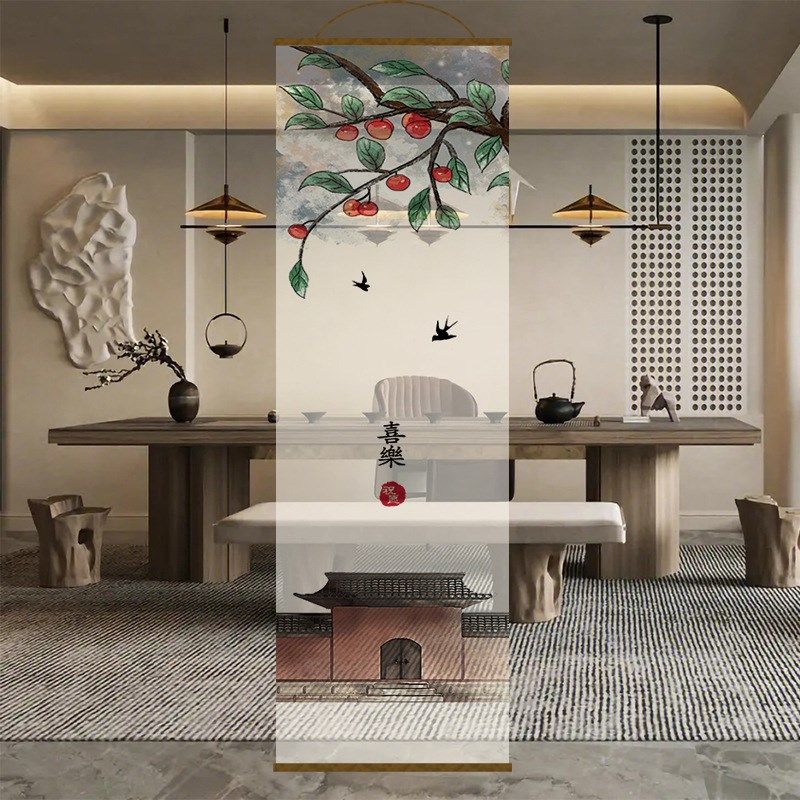 纱帘半透花鸟双面透景屏风纱中式山水卷帘隔断帘挂帘水墨窗帘纱帘