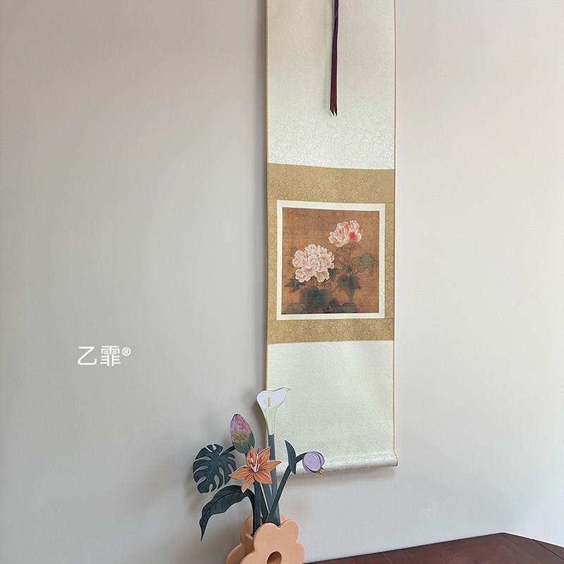 桔子格调红白芙蓉图茶室法式中式挂画挂轴卷轴书房客厅装饰画