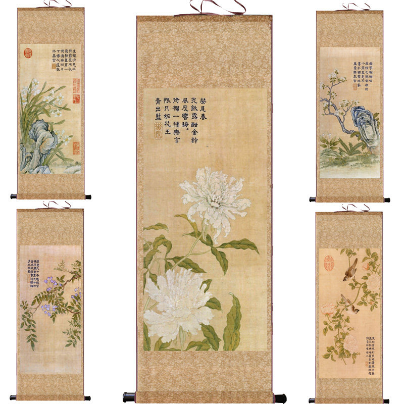 郎世宁装饰画工笔花鸟画高清客厅乾隆皇帝挂画国画哨鹿图卷轴装裱