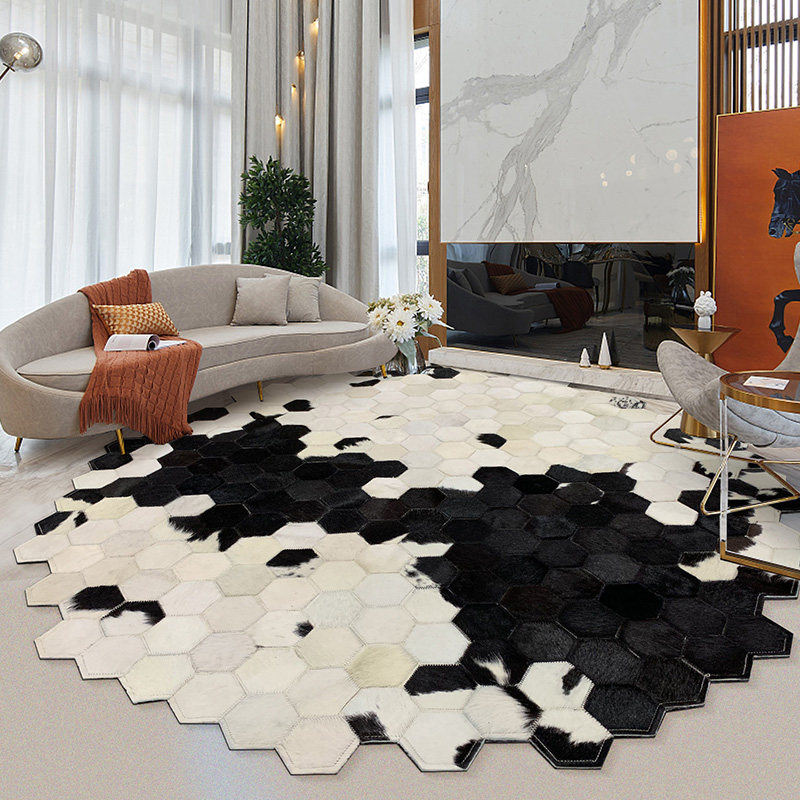 黑白不规则牛皮拼接圆形地毯小客厅卧室书房吊篮转椅地垫异形定制,居家布艺,地毯,淘宝优惠券,粉丝福利购,淘宝优惠卷