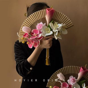 中式新娘手捧花结婚团扇婚礼创意花球仿真花扇子婚纱照摄影道具