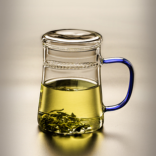月牙杯耐热自带过滤玻璃杯龙井绿茶杯带盖办公室泡茶杯水杯子带把