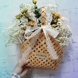 一篮小清新永生满天星小黄泡泡玫瑰干花手工编织艺术花篮摆设摆件