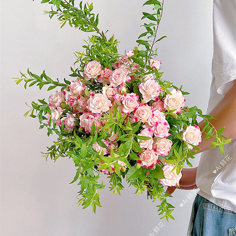 清新折射多头玫瑰鲜花搭配雪柳叶插花水养云南直发混搭花束送花