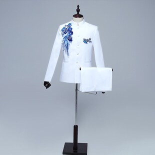 成人男士青年中山装红歌大合唱演出服装年会舞台装主持人歌手亮片