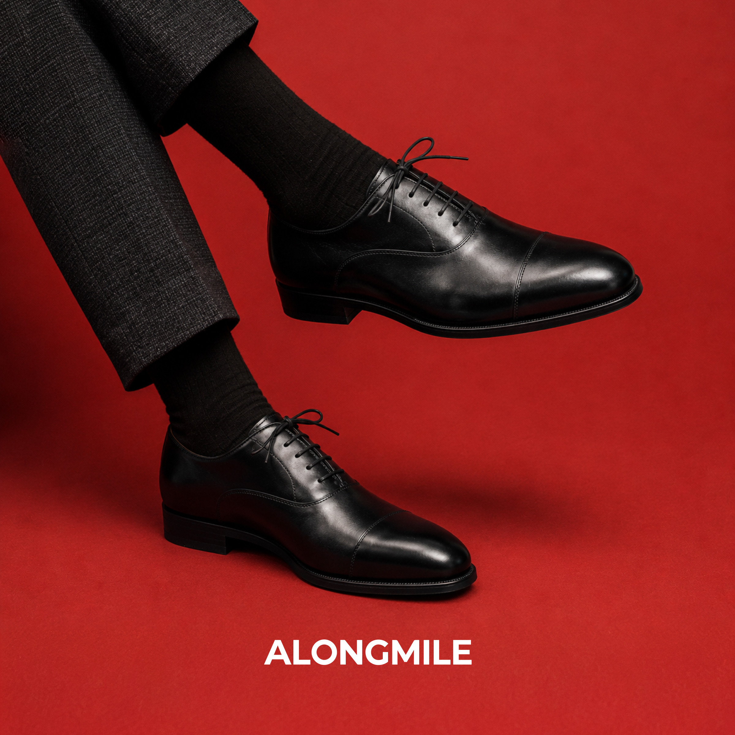 ALONGMILE小牛皮三接头牛津鞋