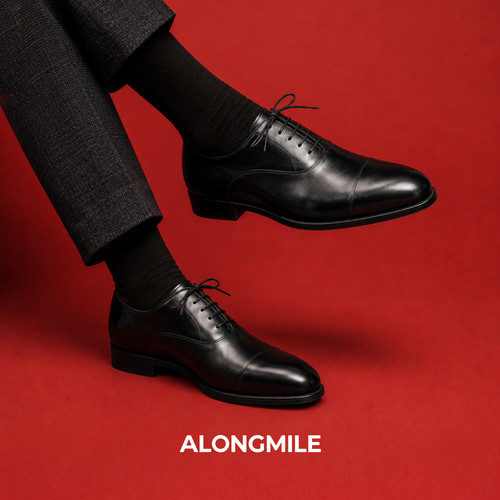 ALONGMILE小牛皮三接头牛津鞋