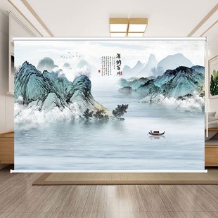 定制中式水墨山水画窗帘办公室茶舍风景挂画隔断遮阳防晒拉珠卷帘