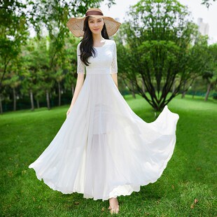 白色连衣裙女2025夏季新款雪纺修身显瘦气质超长款大摆长裙到脚踝