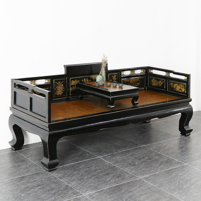 新中式罗汉床古典贵妃榻复古黑漆古典描金雕花藤席榻双人椅实木,住宅家具,罗汉床,淘宝优惠券,粉丝福利购,淘宝优惠卷