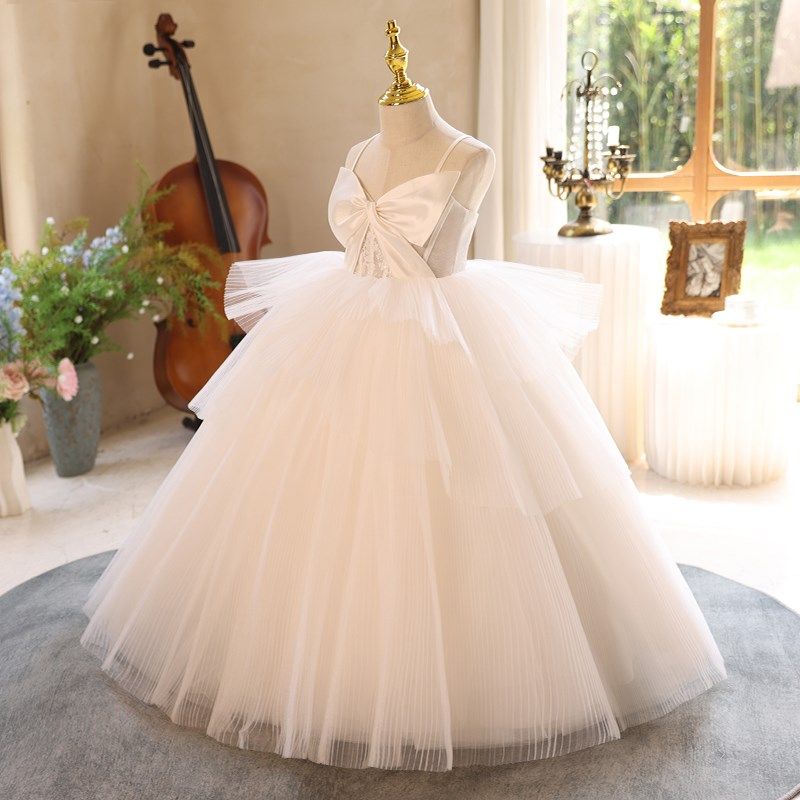 儿童礼服公主裙女童生日轻奢小众高端白色花童婚礼主持人钢琴演奏