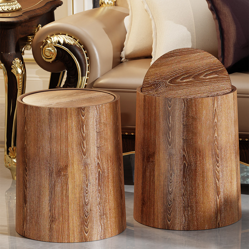 复古仿木纹垃圾桶可翻盖式家用大容量客厅办公室商用中式双层纸篓