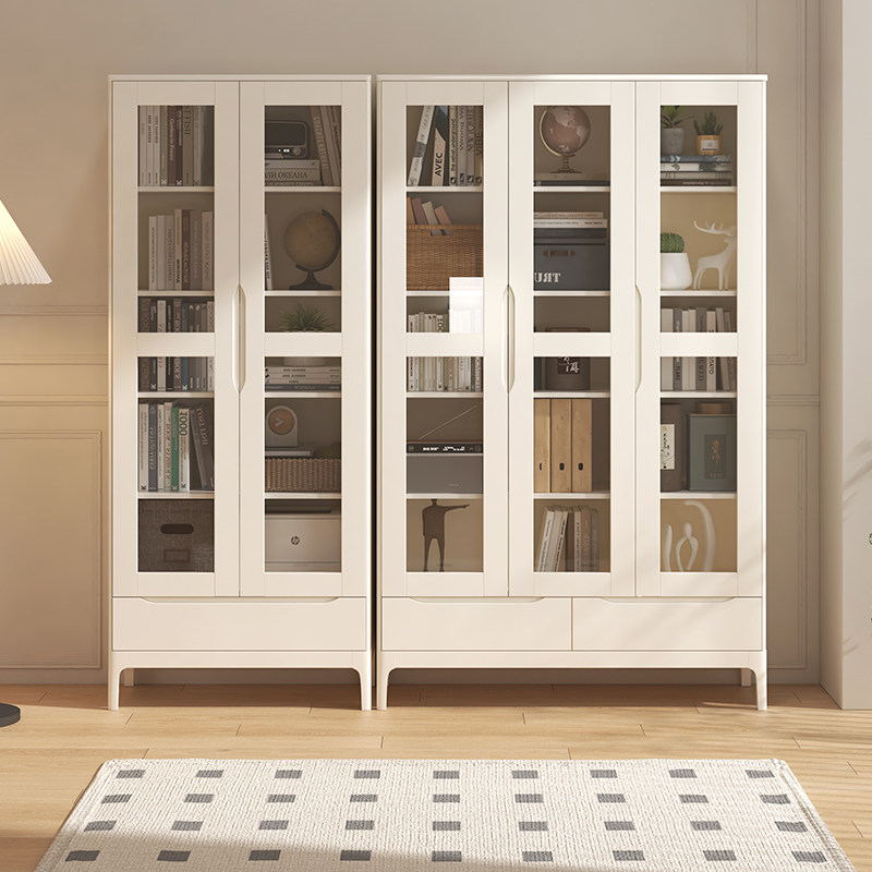 奶油风实木书柜带玻璃门置物柜自由组合格子柜客厅家用立柜整墙柜,住宅家具,单个书柜,淘宝优惠券,粉丝福利购,淘宝优惠卷