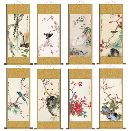 田世光石榴桃花报春图国画丝绸画名家花鸟画玄关挂画定制多子多福
