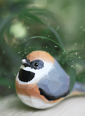 鹿妖商店 肥啾 木雕小鸟 礼物 红头长尾山雀 纯手工 实木桌面摆件