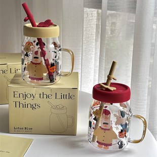 WOL HOME女孩爱画鸭大容量吸管玻璃水杯带盖把手饮料杯奶茶牛奶杯