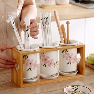 厨房双筒陶瓷沥水筷子筒日式三筒筷筒餐具收纳筒家用筷桶台面筷笼