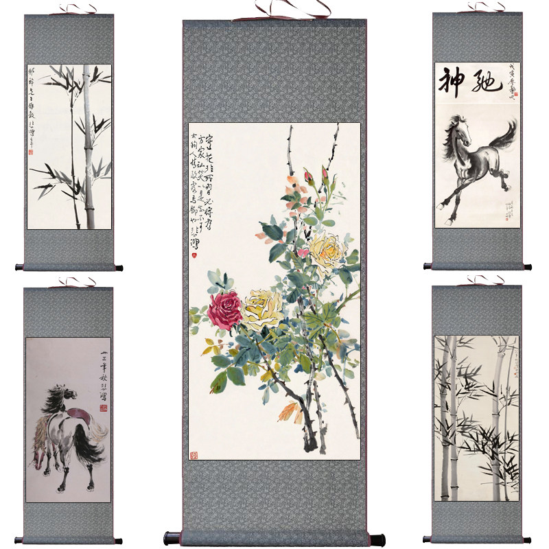 徐悲鸿马到成功牡丹花鸟竹子挂画卷轴水墨画酒店靠山背景画丝绸画