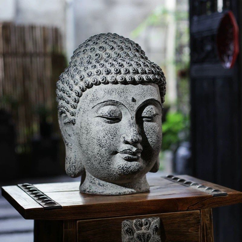 仿古佛头摆件中式古典会所陈设装饰仿石雕石器意境美学茶空间造景