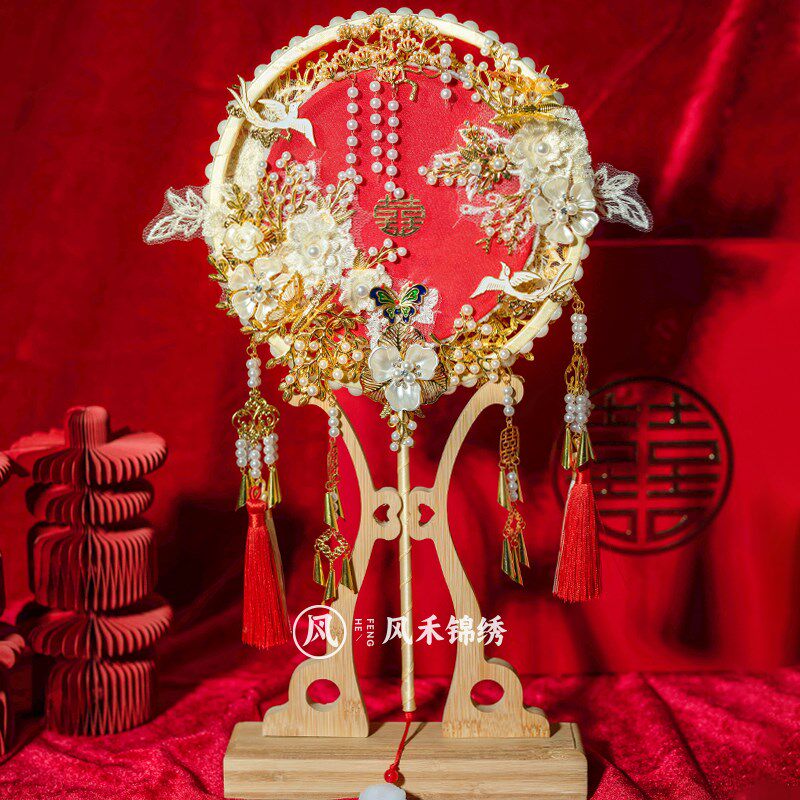 团扇结婚新娘秀禾双色双面红色喜扇手工高级婚礼扇子diy材料包