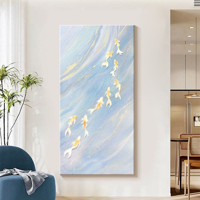 九鱼聚财图挂画奶油风金色锦鲤入户玄关装饰画高级感过道装饰壁画,家居饰品,现代装饰画,淘宝优惠券,粉丝福利购,淘宝优惠卷