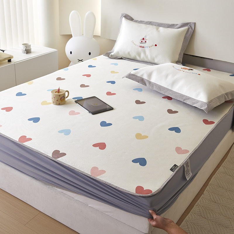 少女心夏季冰丝凉席三件套可水洗爱心印花刺绣床笠款空调软席1.8m,床上用品,冰丝席,淘宝优惠券,粉丝福利购,淘宝优惠卷