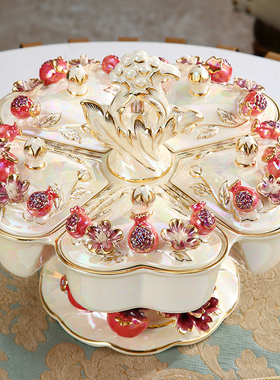 创意旋转干果盒分格带盖家用奢华欧式水果盘陶瓷高档客厅茶几摆件