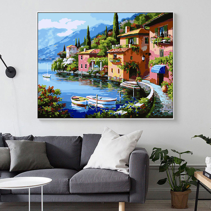 海边别墅数字油画diy填色油彩画欧式小屋山水风景客厅卧室装饰画