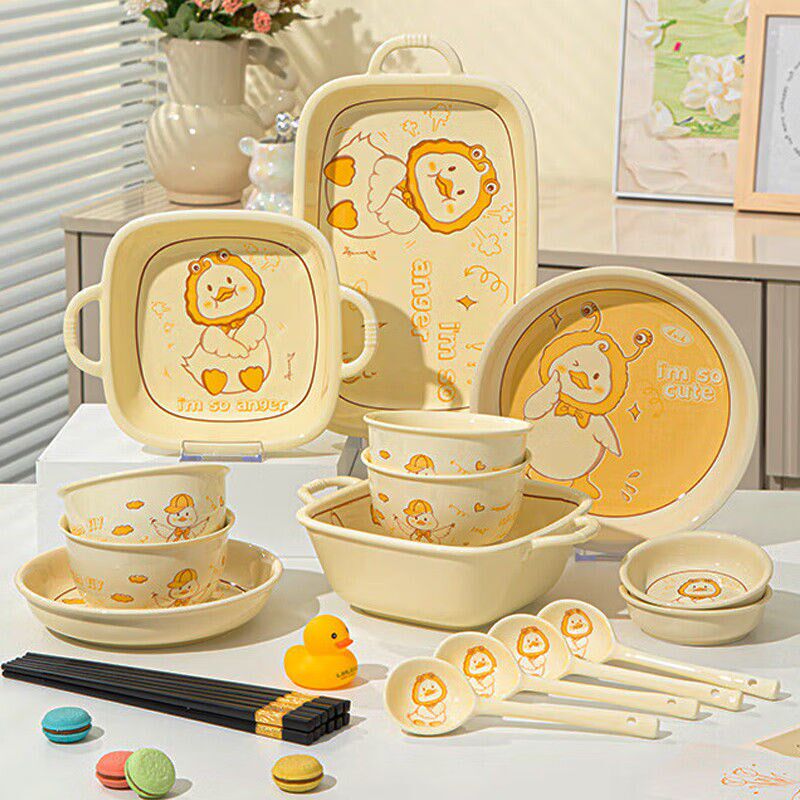 釉下彩卡通陶瓷餐具可爱碗碟套装家用饭碗创意碗盘餐具整套可爱鸭