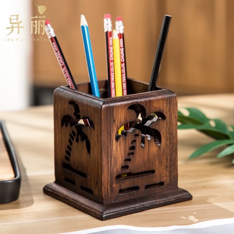 异丽泰国复古雕花实木笔筒办公室书房木制工艺品中式桌面木雕摆件,收纳整理,笔筒,淘宝优惠券,粉丝福利购,淘宝优惠卷