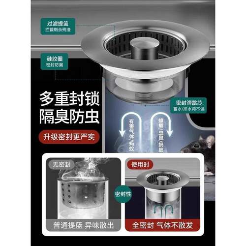 不锈钢厨房水槽过滤网按压式洗菜盆漏水塞通用款水槽弹跳芯下水器