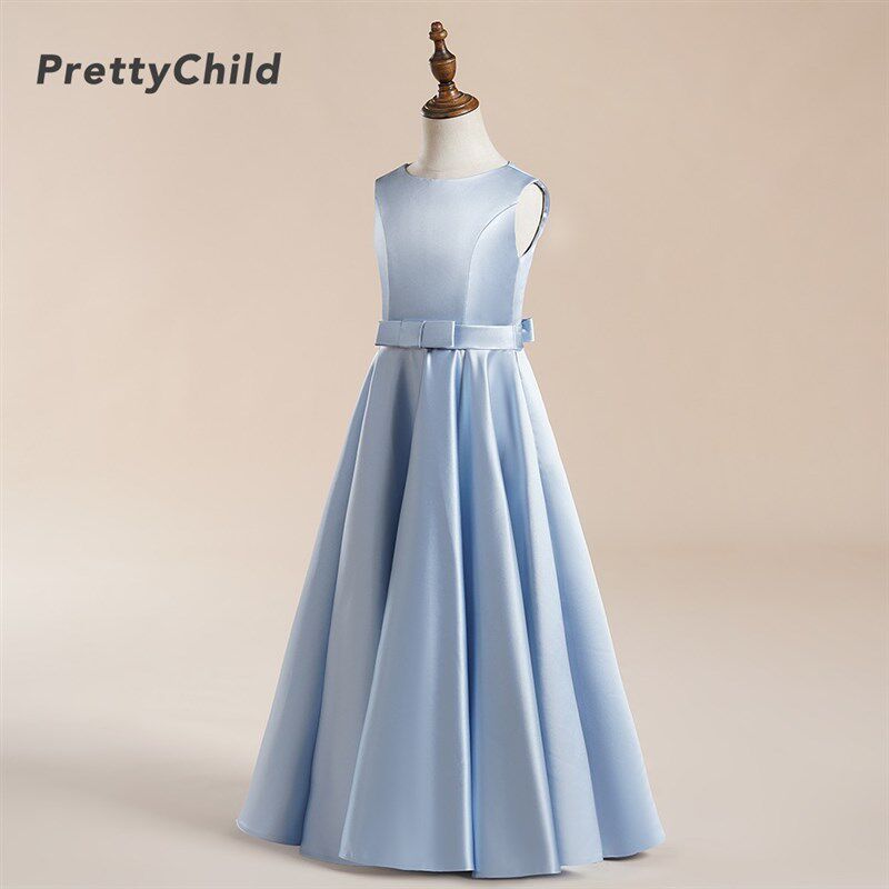 女童小提琴演出中大童乐团钢琴比赛天蓝色缎面高端晚礼服长款春秋