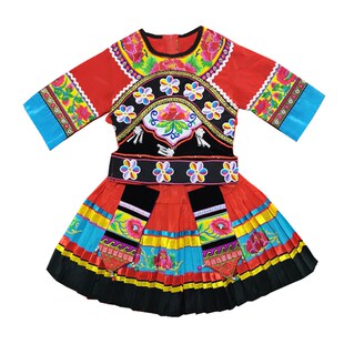 新款彝族女童套装 银饰绣花彝族服装 精品八分袖民族葫芦丝演出服