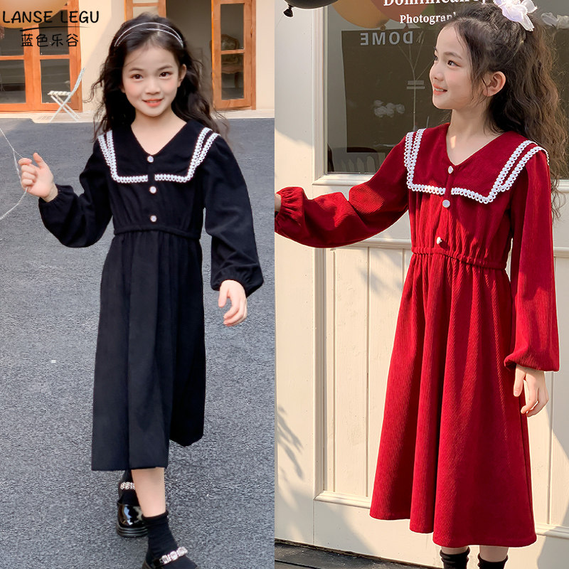 女童春装裙子2024新款洋气长袖中大童连衣裙女孩公主裙灯芯绒长裙