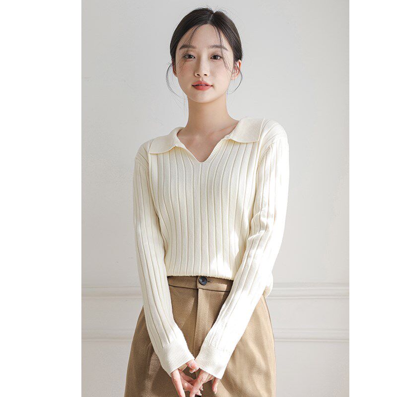 polo领毛衣女2023年秋季新品短款长袖内搭v领白色打底针织衫上衣