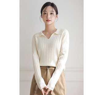 polo领毛衣女2023年秋季新品短款长袖内搭v领白色打底针织衫上衣