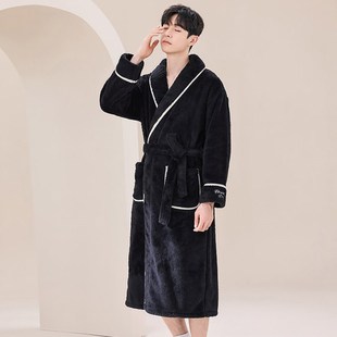 睡袍男士珊瑚绒睡衣秋冬季加长款浴袍法兰绒家居服保暖大码春秋天