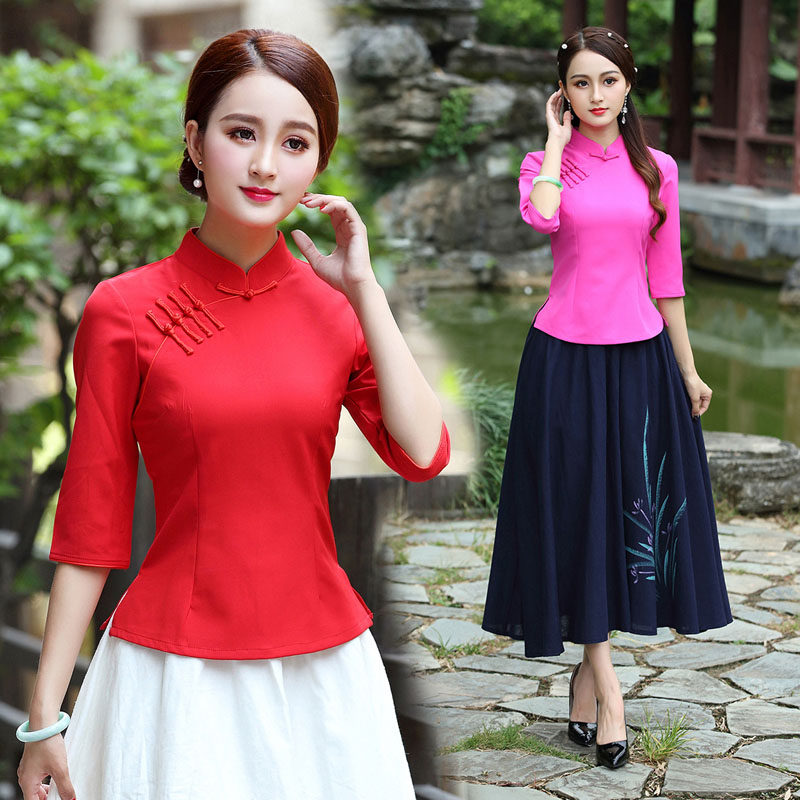 民国风唐装改良红色旗袍两件套女上衣中国风古装复古盘扣中式汉服