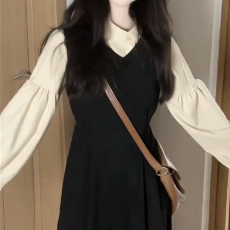微胖MM法式复古背带连衣裙套装秋季衬衫上衣设计感气质收腰中长裙