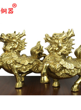 宇卓铜器 纯铜麒麟黄铜麒麟黄色麒麟一对工艺品摆件