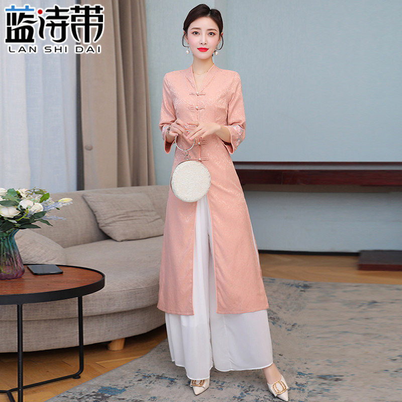 中式复古唐装上衣中长款提花茶服禅意禅服春夏中国风汉服改良旗袍